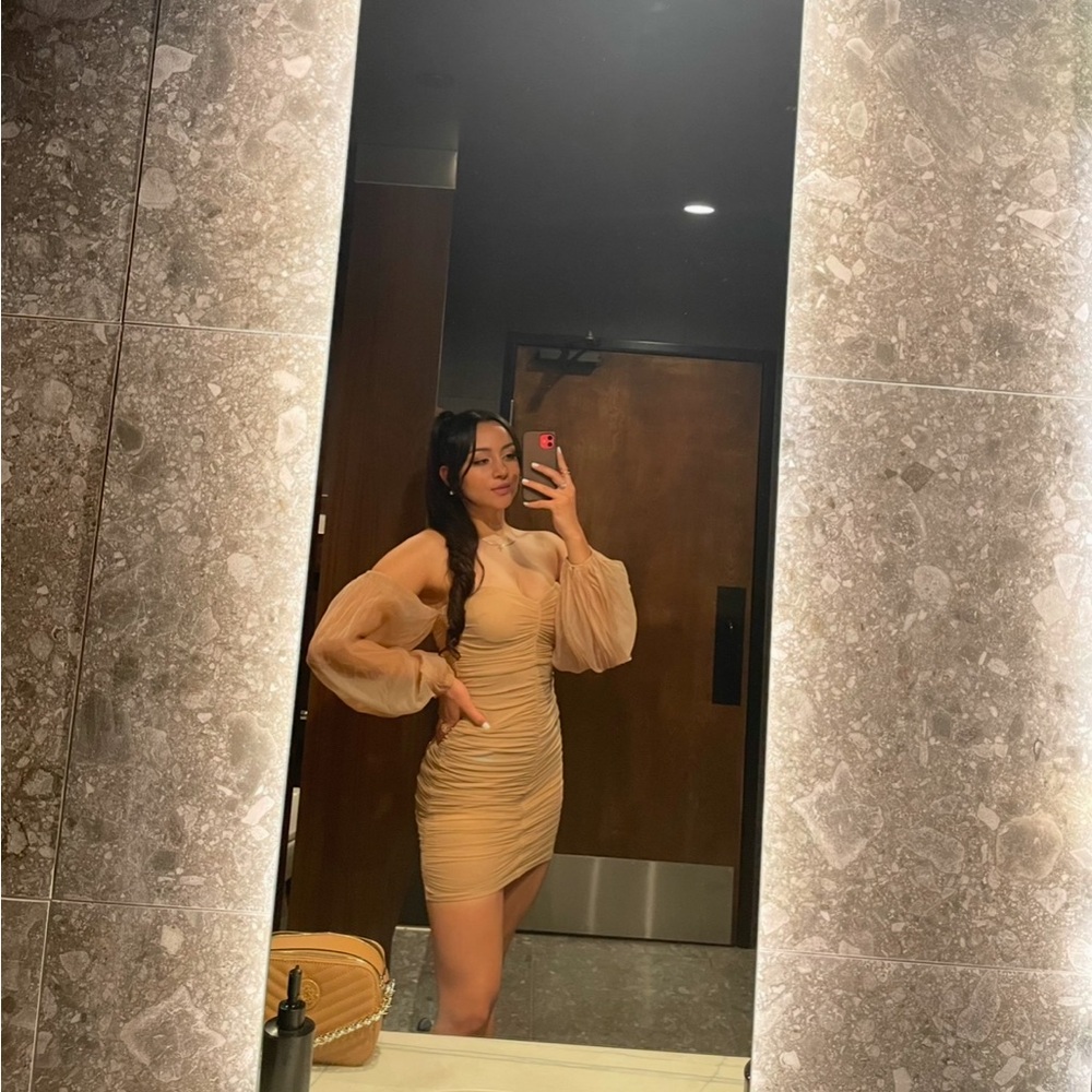 Chic Nude Ruched Dress with Sheer Sleeves